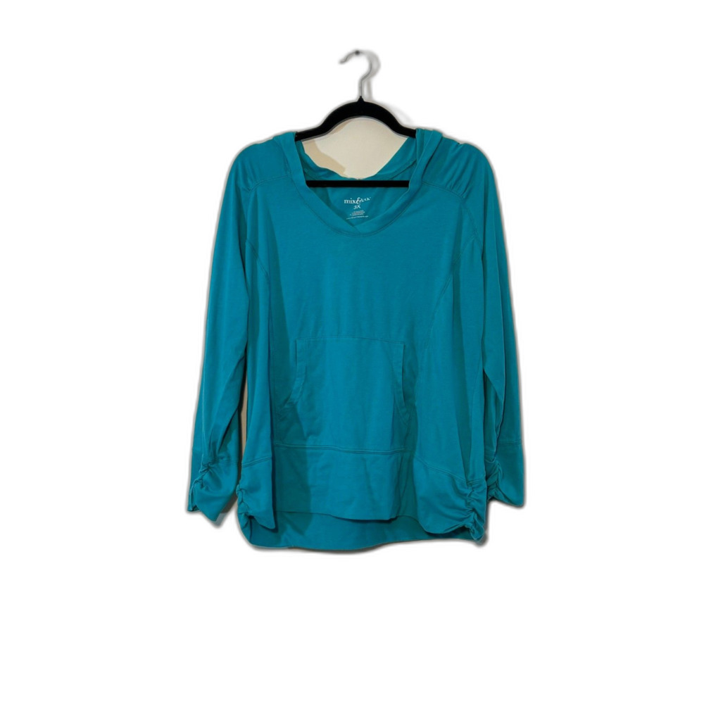 Mix & Co. Teal Hooded Top Kangaroo Pocket Ruched Cuffs Size 3X